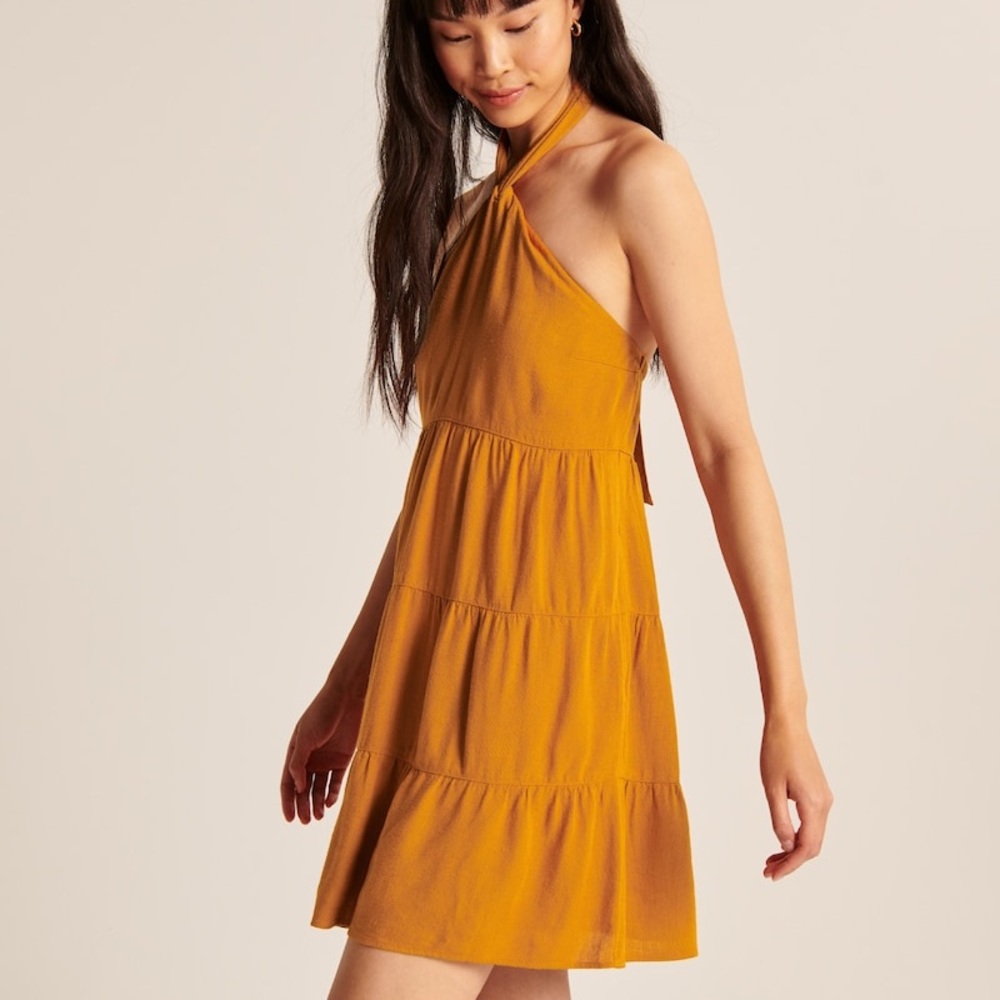 NWT!! Abercrombie & Fitch burnt Orange/Mustard Halted Tier Linen Dress | XSP